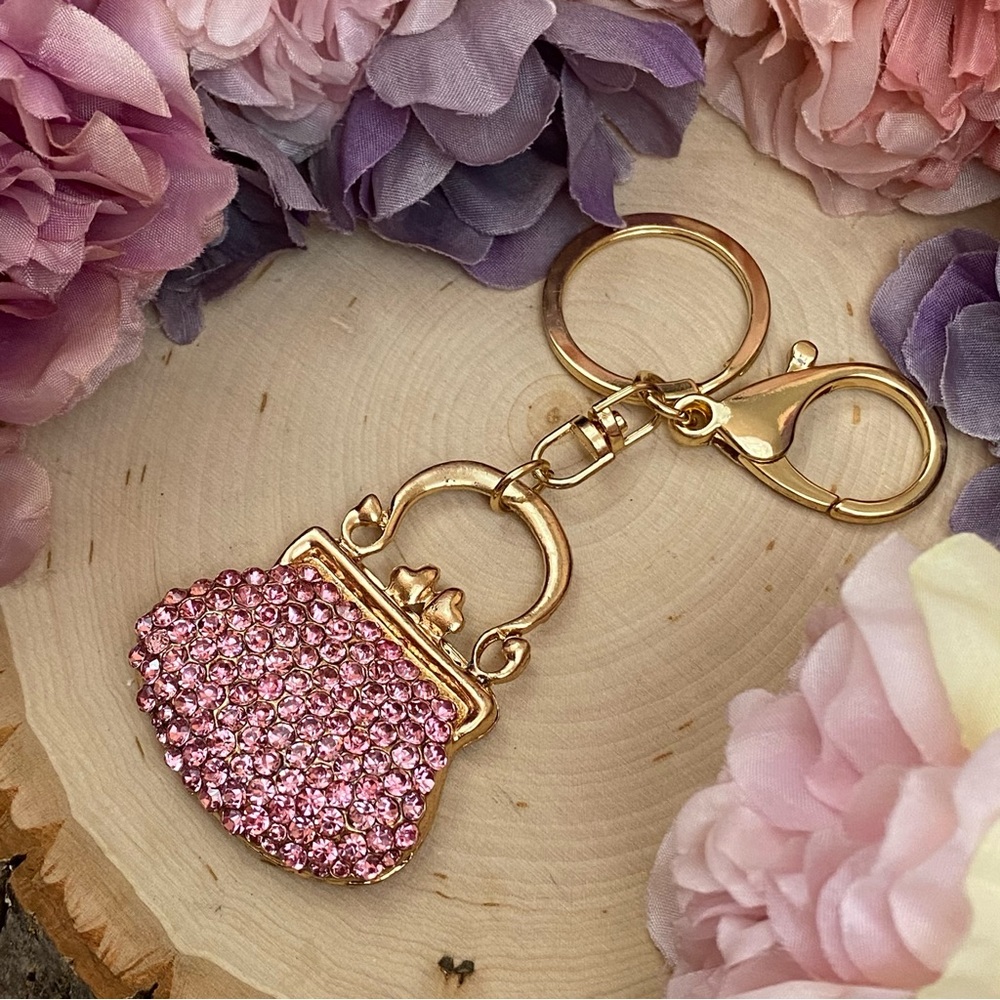 Pink Crystal Clasped Handbag Keychain Charm - Picture 7 of 12
